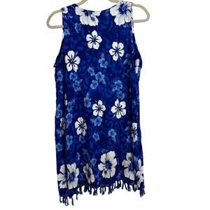 WANT! Hawaiian Printed Dress Blue 100% Rayon Size Large Fringe Beachy Coastal